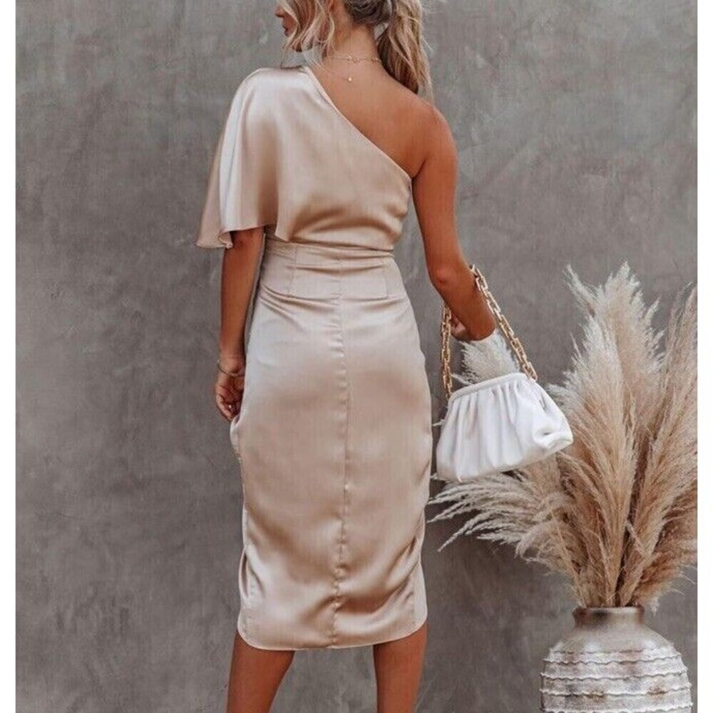 Measure One Shoulder Satin Midi Dress in White Womens Sz Small - Picture 4 of 9